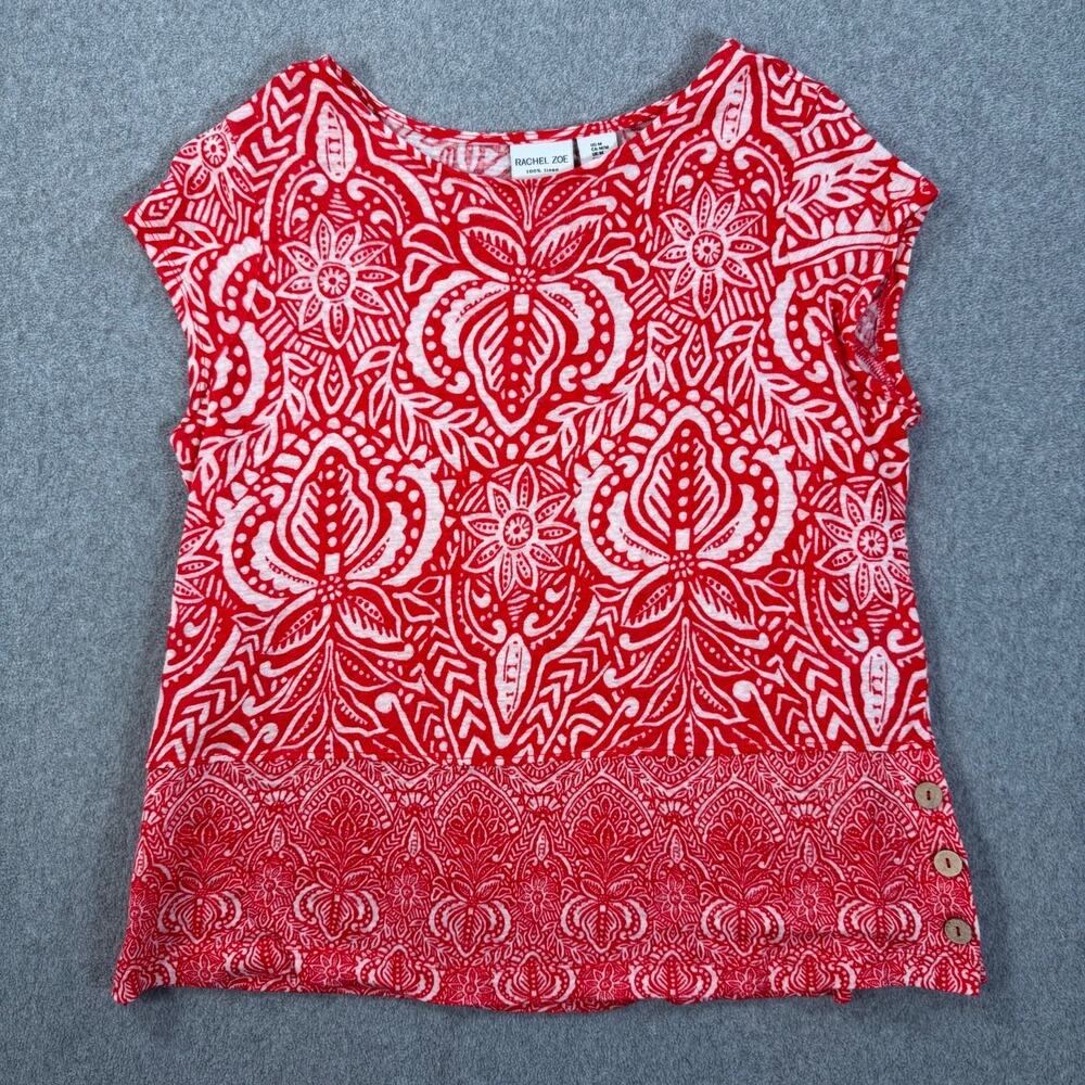 Rachel Zoe Linen Tee Shirt Women's Medium Button Side Red/White Print